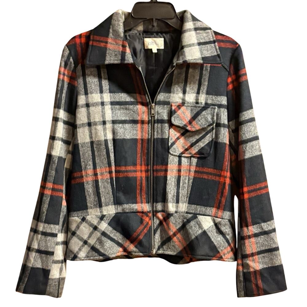 Jolt Jacket Womens Size Large Multi Color Plaid Zipper Pocket Long Sleeve